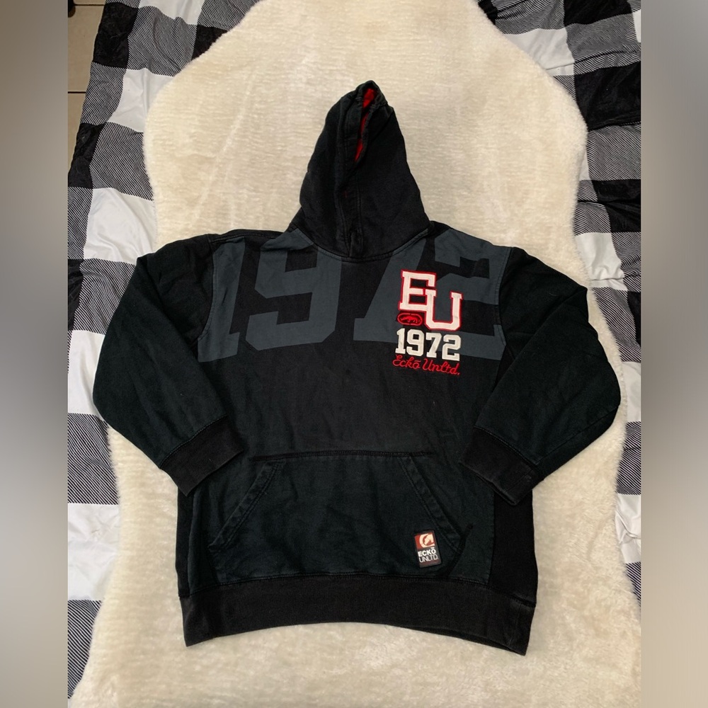 Y2K Ecko Unltd Mens Black Pullover Hoodie Sweater Size XL Long Sleeve